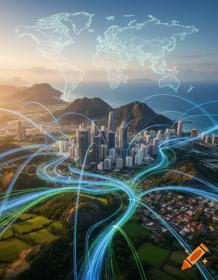 Aerial view of a modern coastal city with glowing blue and green light trails connecting to a translucent world map in the sky.