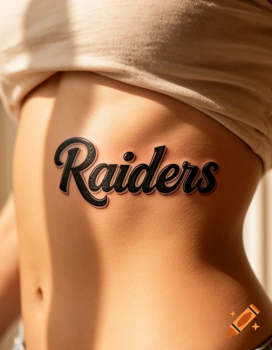 Photorealistic image of a woman's midriff with a 'Raiders' tattoo on her ribcage, wearing a light-colored top.
