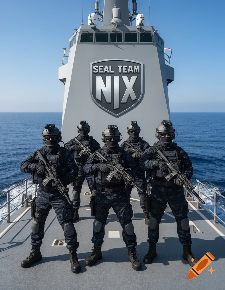 Five special forces soldiers with rifles on a naval ship, featuring a 'SEAL TEAM NIX' emblem, against a clear ocean backdrop.