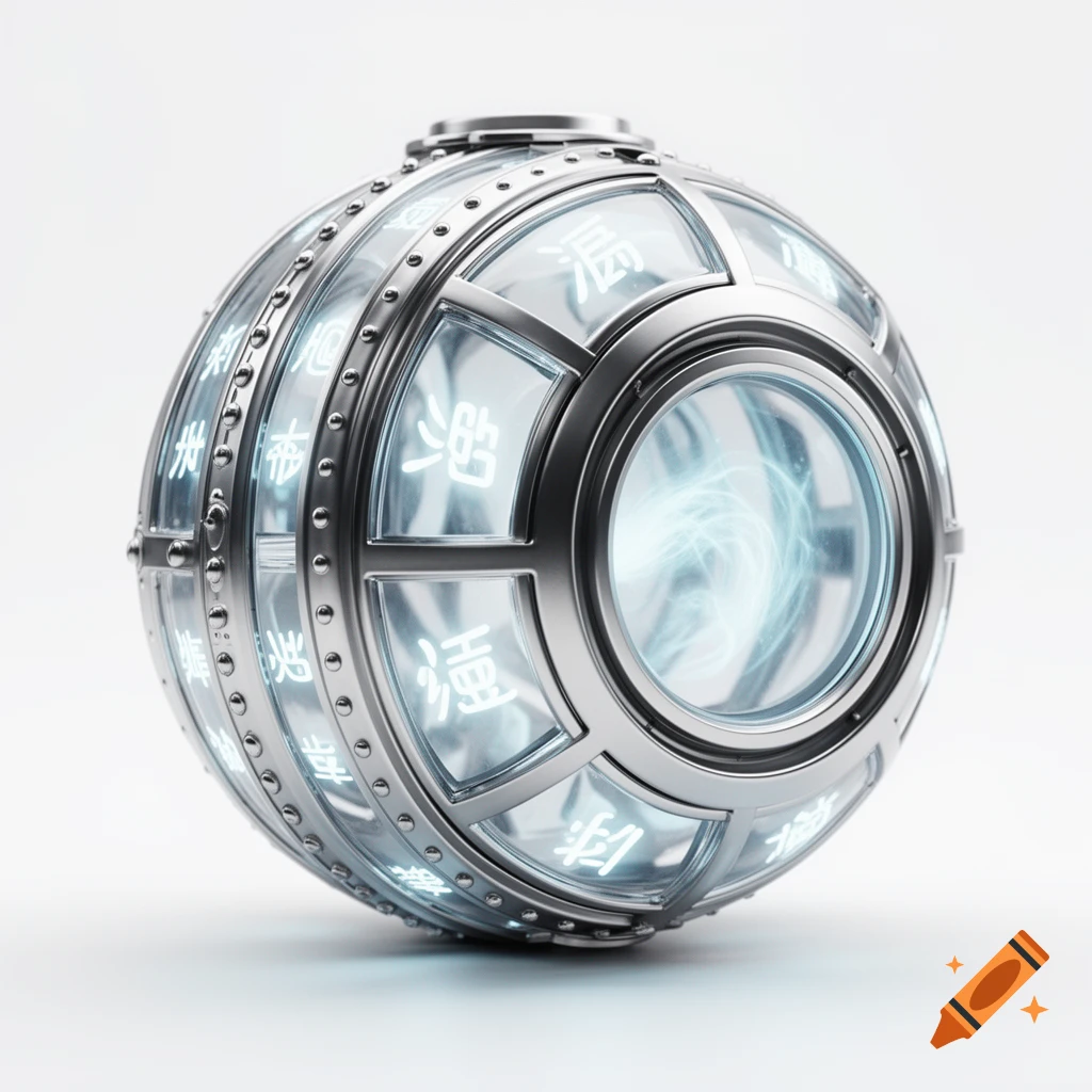 A metallic futuristic sphere device with glowing blue energy and intricate panels featuring illegible glowing characters, on a white background.
