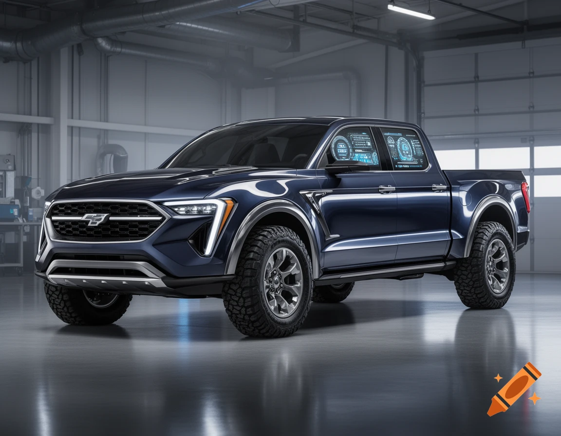 A sleek, dark blue concept pickup truck with futuristic digital displays in its windows, parked in a modern garage.