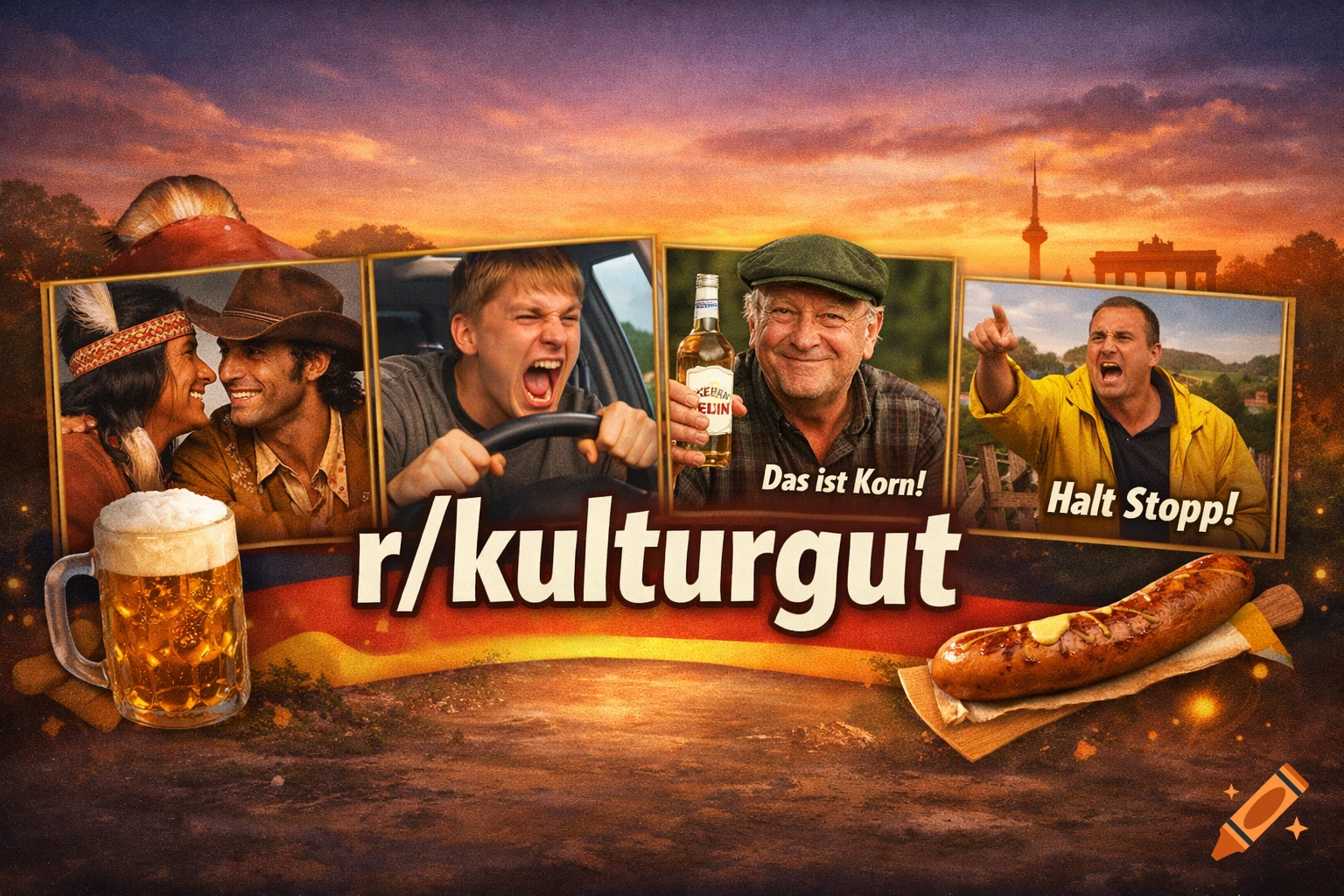 A collage banner for r/kulturgut featuring four panels of German meme videos, a beer mug, a sausage, and the German flag against a sunset landscape.