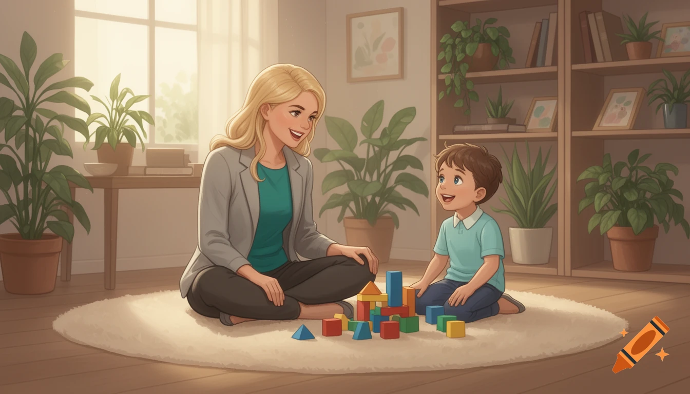 A blonde woman and a young boy sit on a rug, smiling while playing with colorful building blocks in a cozy office. Digital illustration.