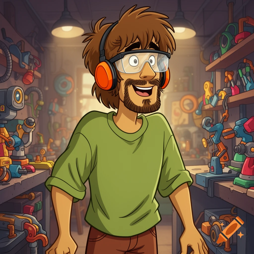 A cartoon Shaggy from Scooby Doo, with safety glasses and orange ear protection, smiles in a cluttered workshop filled with various gadgets and tools.