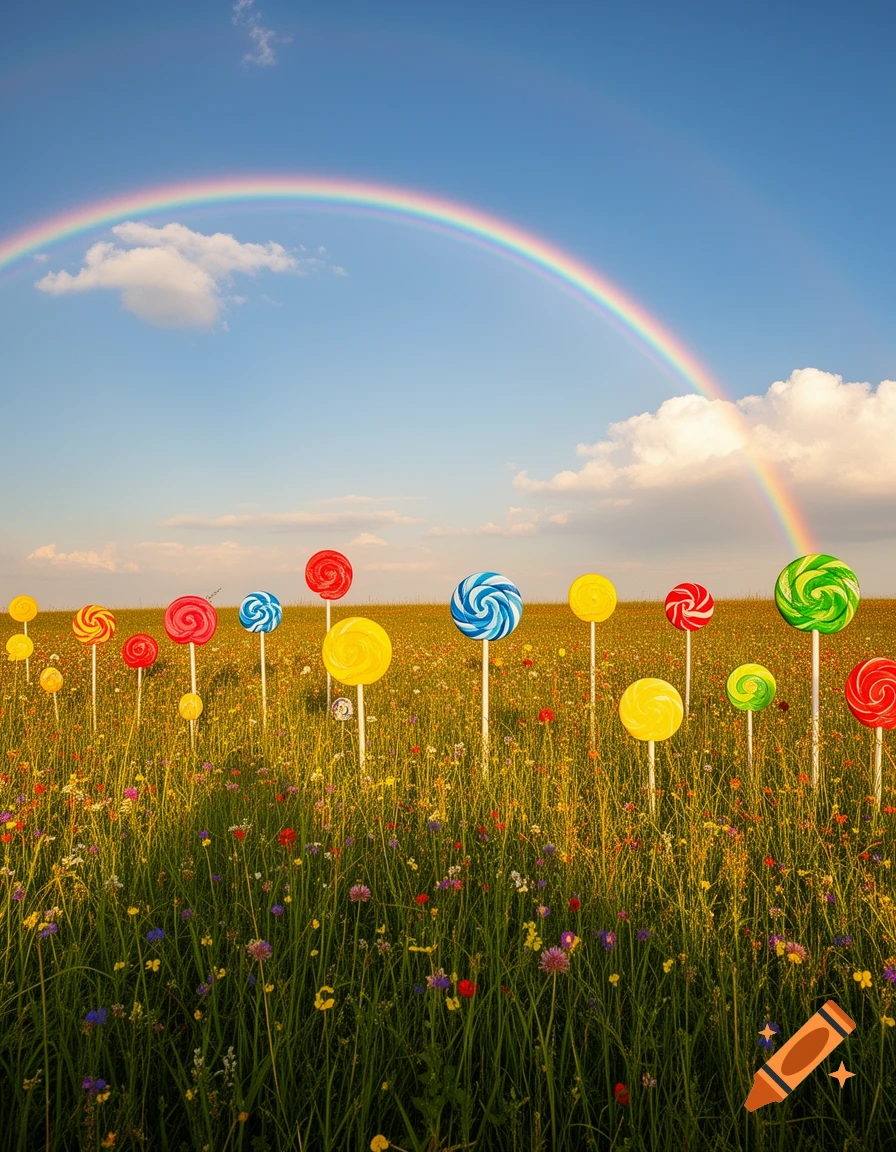 Colorful lollipops growing in a vibrant wildflower field under a blue sky with a rainbow.