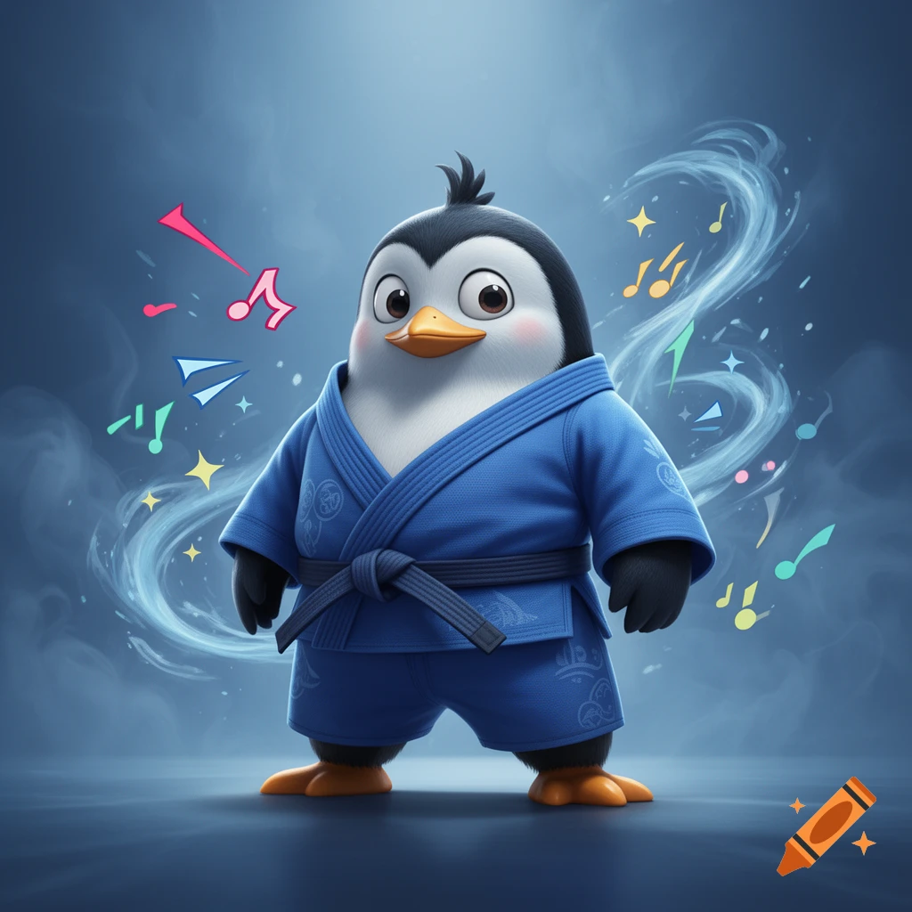 A cute cartoon penguin wearing a blue Jiu-Jitsu uniform with a black belt, surrounded by musical notes and stars.