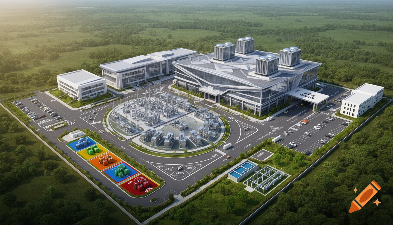 An aerial view of a modern data center complex with multiple buildings, a large circular substation, parking lots, and landscaped grounds.