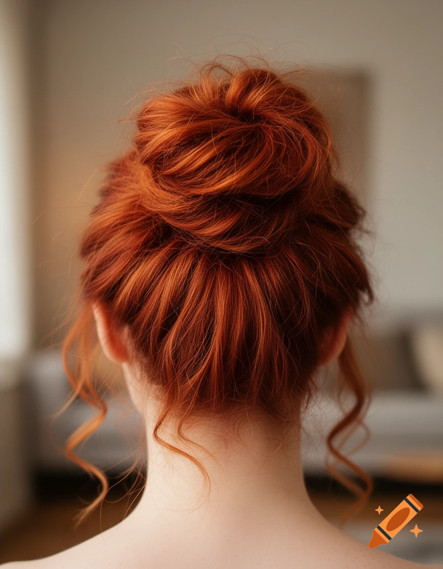 Back view of a person with bright red messy hair in a bun, with curls around the nape of the neck.