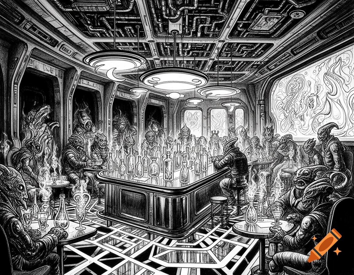 Black and white inked illustration of a bustling sci-fi cantina with various alien creatures gathered at tables and a bar.