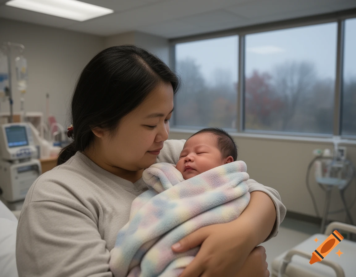 A woman gently holds a sleeping newborn baby wrapped in a pastel blanket in a hospital room.