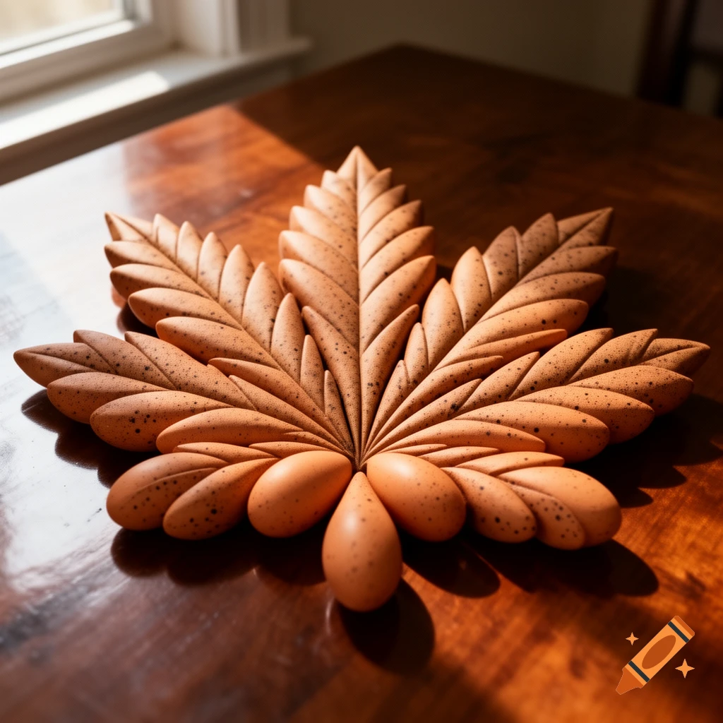 A decorative object shaped like a hemp leaf, made of speckled, light brown egg-like forms, rests on a polished wooden table in sunlight.