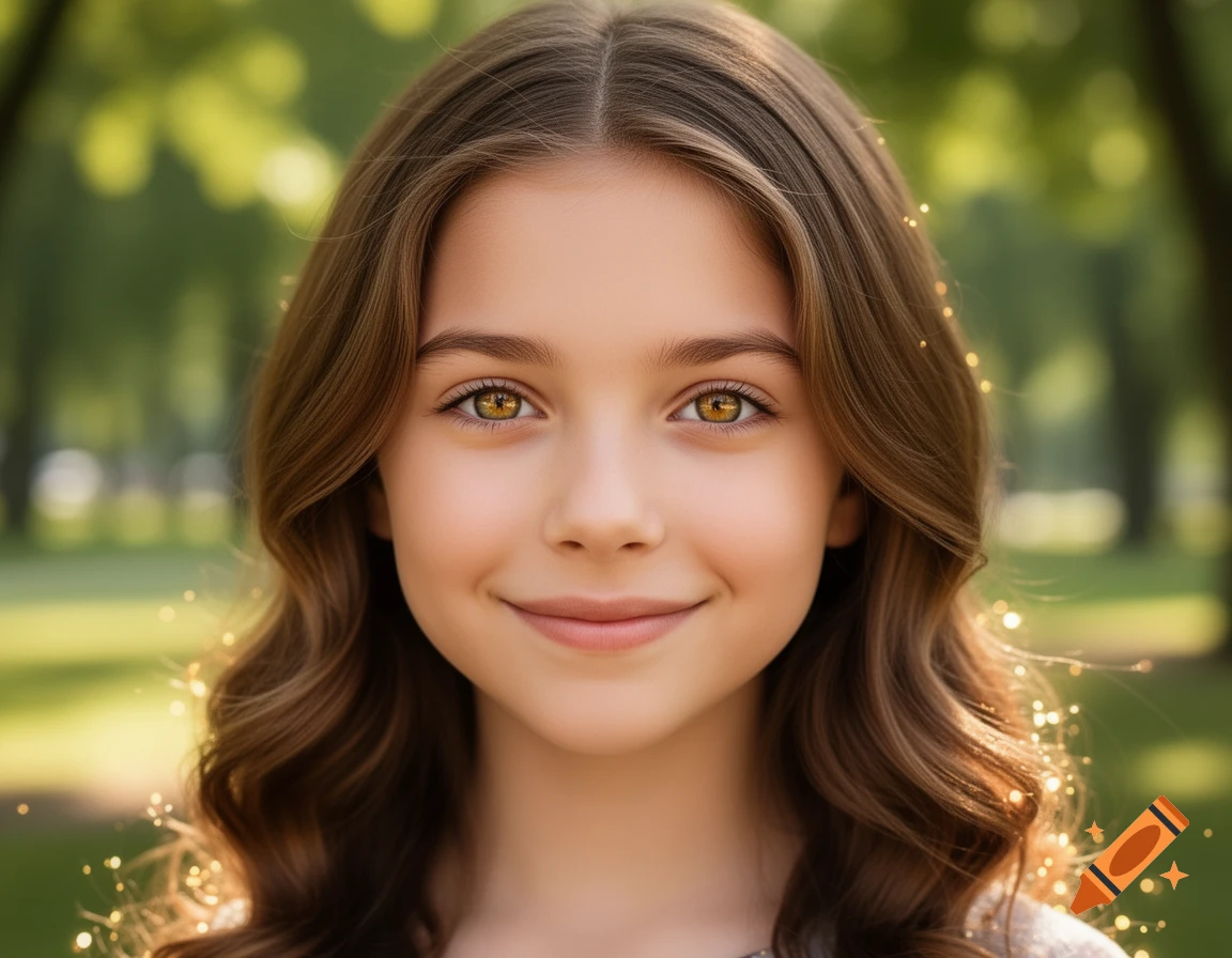 A close-up, photorealistic portrait of a smiling young girl with long brown hair and golden eyes, outdoors in soft green light.