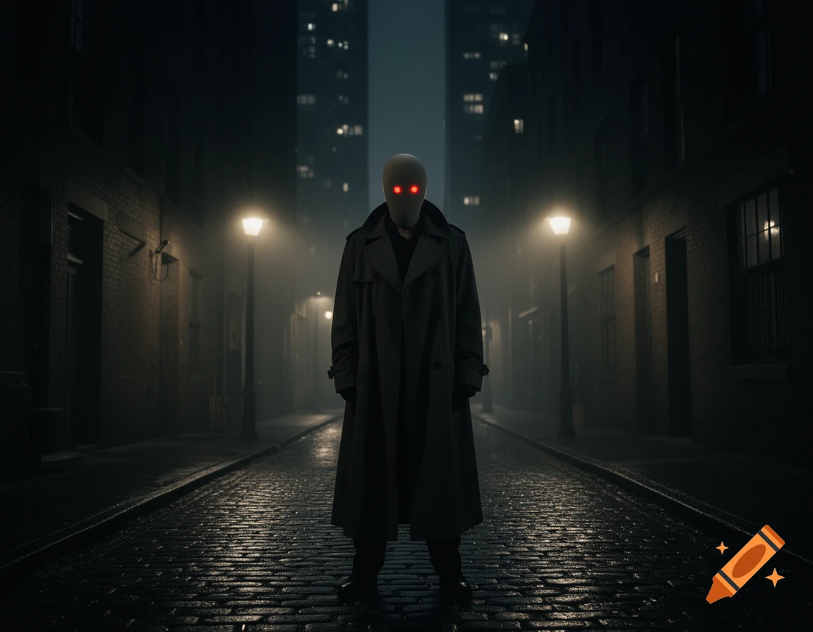 A mysterious figure in a trench coat and blank mask with glowing red eyes stands in a dark, foggy alley at night.