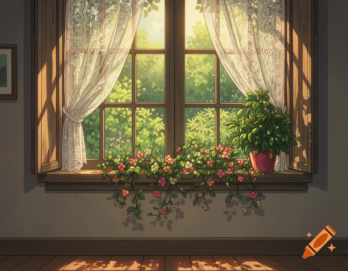 Cozy anime-style window with lace curtains, a potted plant, and a window box of pink flowers in sunlight.