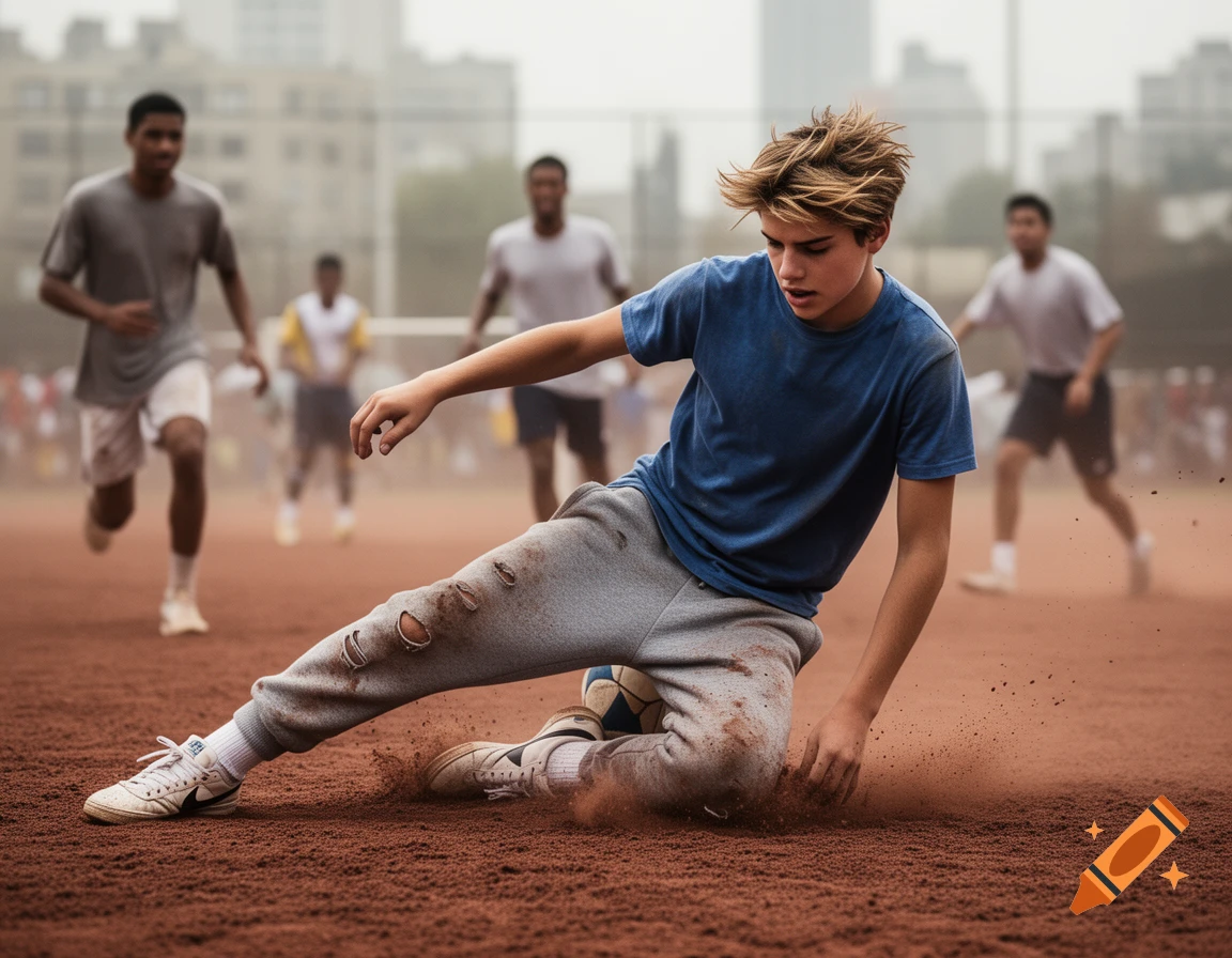 A blonde teenage boy slides on a dirt soccer field, kicking up dust, while other players are in the blurred background. Photorealistic style.