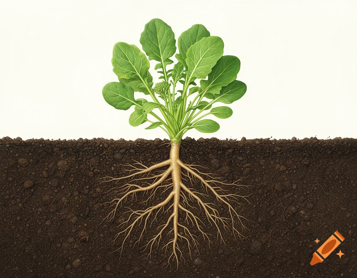 Highly detailed botanical illustration of a plant with green leaves above ground and an intricate root system in soil below, on a white background.