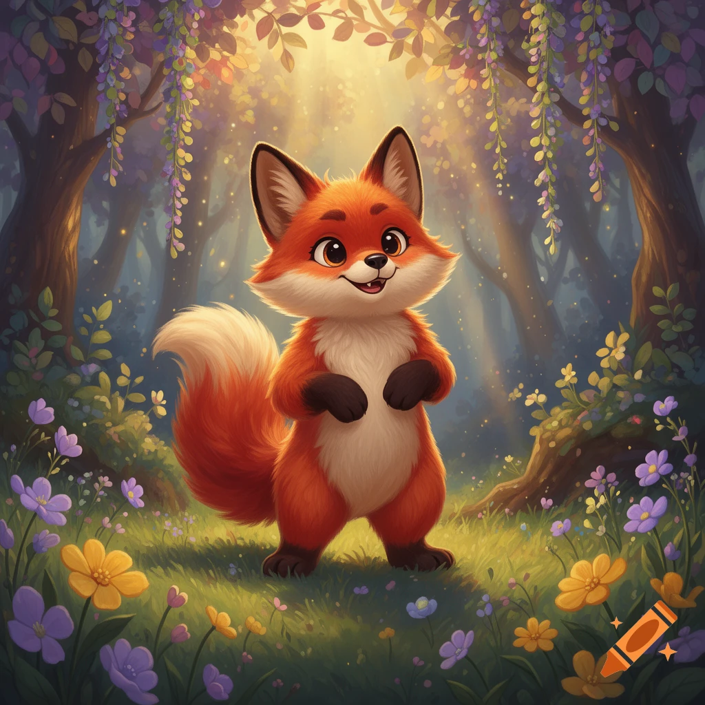 A cute, fluffy, orange fox with big eyes smiles in a magical, glowing forest filled with purple and yellow flowers.
