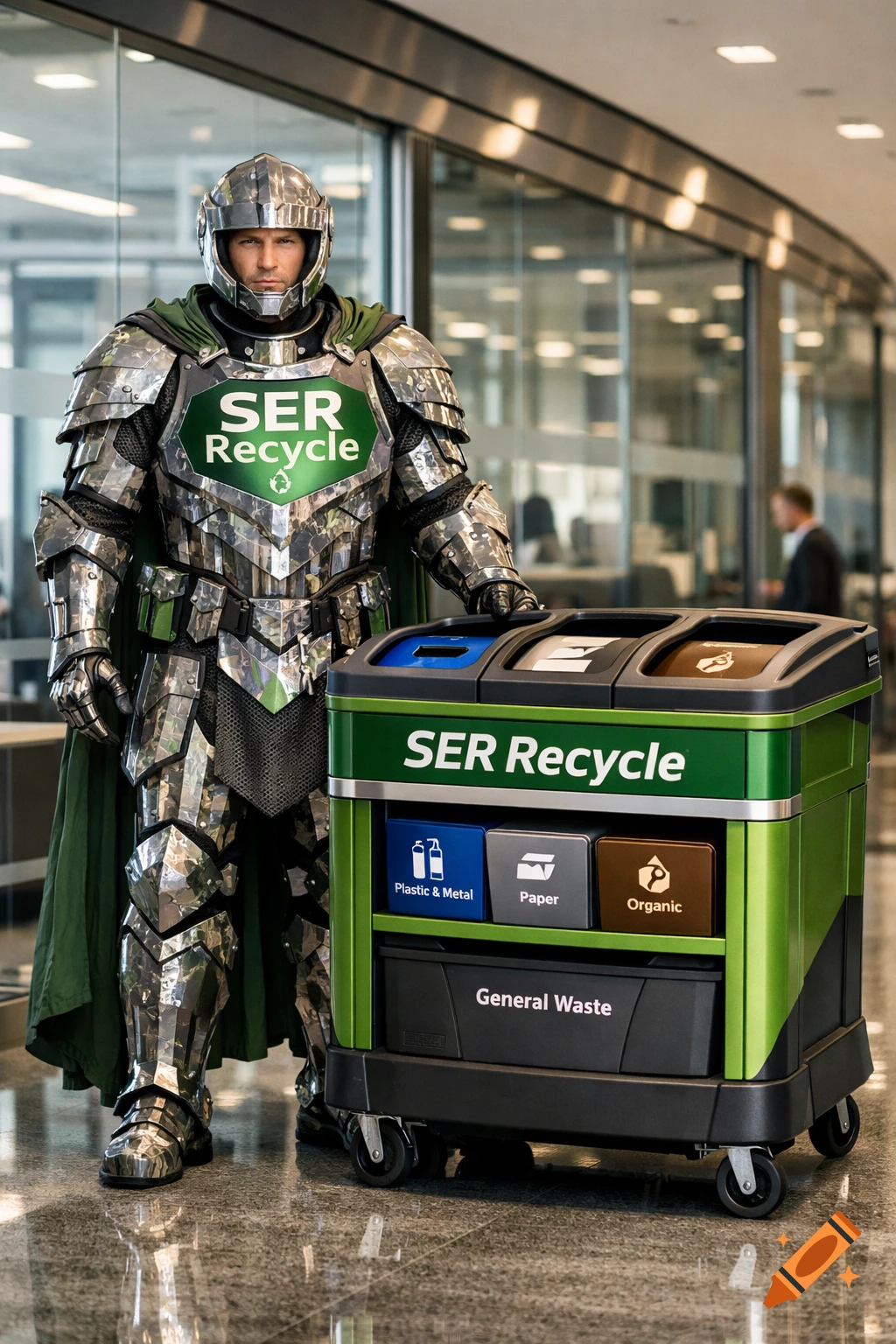 A modern knight in shining armor with a green cape stands next to a green recycling cart labeled "SER Recycle" in an office.