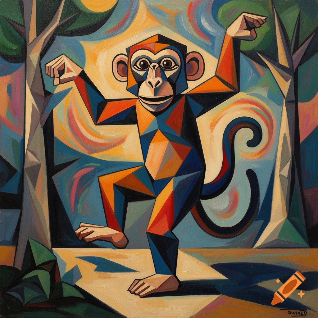 A cubist painting of a dancing monkey, rendered with geometric shapes and vibrant colors against an abstract jungle-like background.