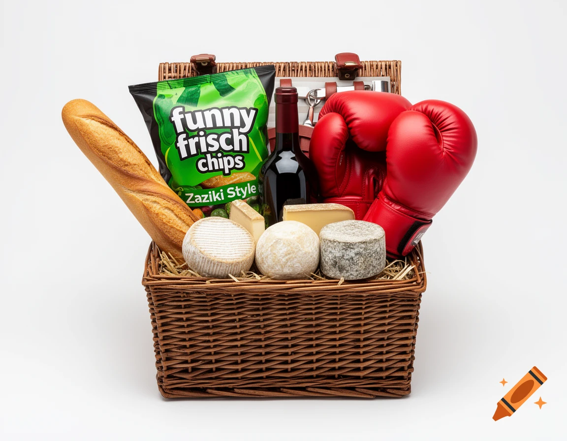 A photorealistic image of a picnic basket filled with a baguette, red wine, cheeses, funny frisch chips, and red boxing gloves.