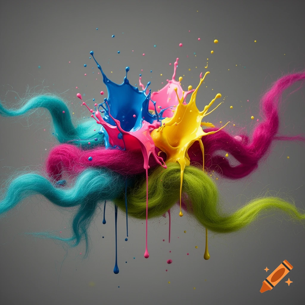 Vibrant blue, pink, and yellow paint splatters mix with fluffy teal, fuchsia, and lime green wool strands on a grey background.