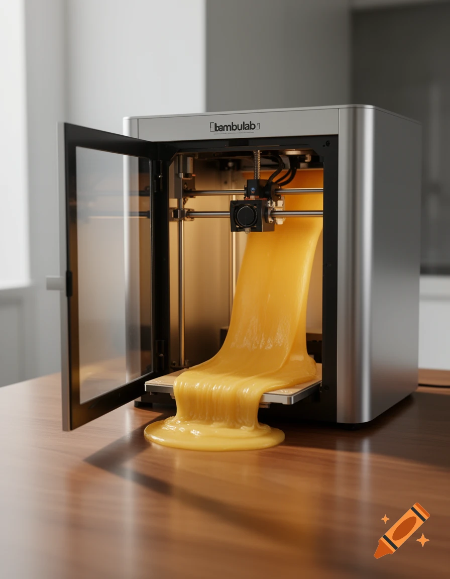 A realistic render of a Bambulab 3D printer with its door open, a thick yellow, cheese-like substance oozing out onto a wooden table.