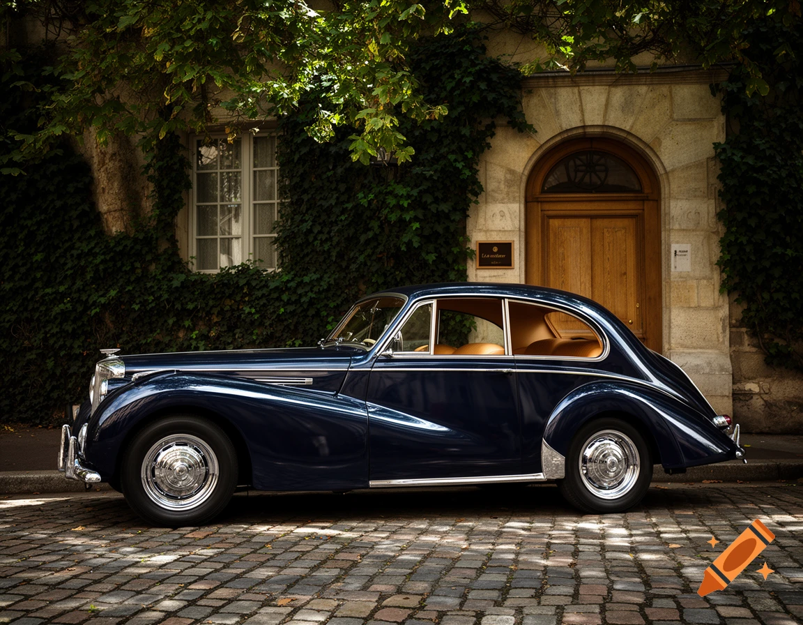 A dark blue vintage car with tan interior is parked on a cobblestone street in front of an ivy-covered stone building with a wooden door.