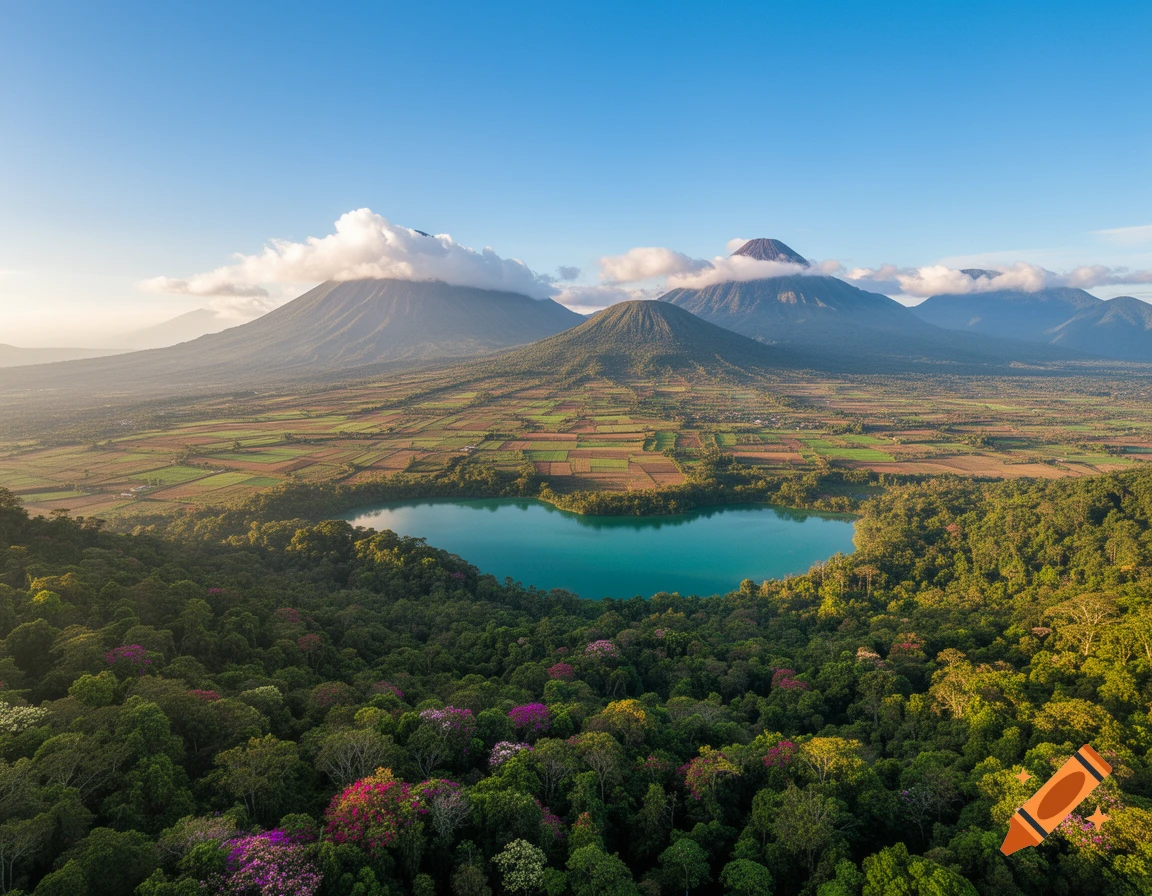 Aerial view of a vibrant turquoise lake nestled among lush forests with colorful flowers, surrounded by patchwork fields and majestic volcanoes under a clear blue sky.