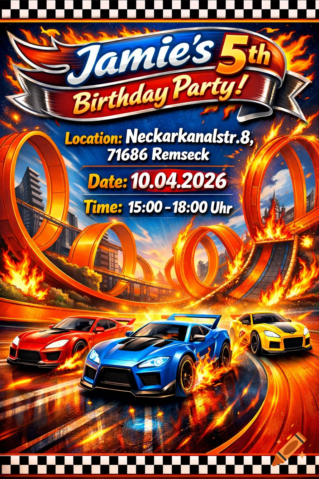 Jamie's 5th Birthday Party invitation with three racing cars on a flaming track with loops, checkerboard borders.