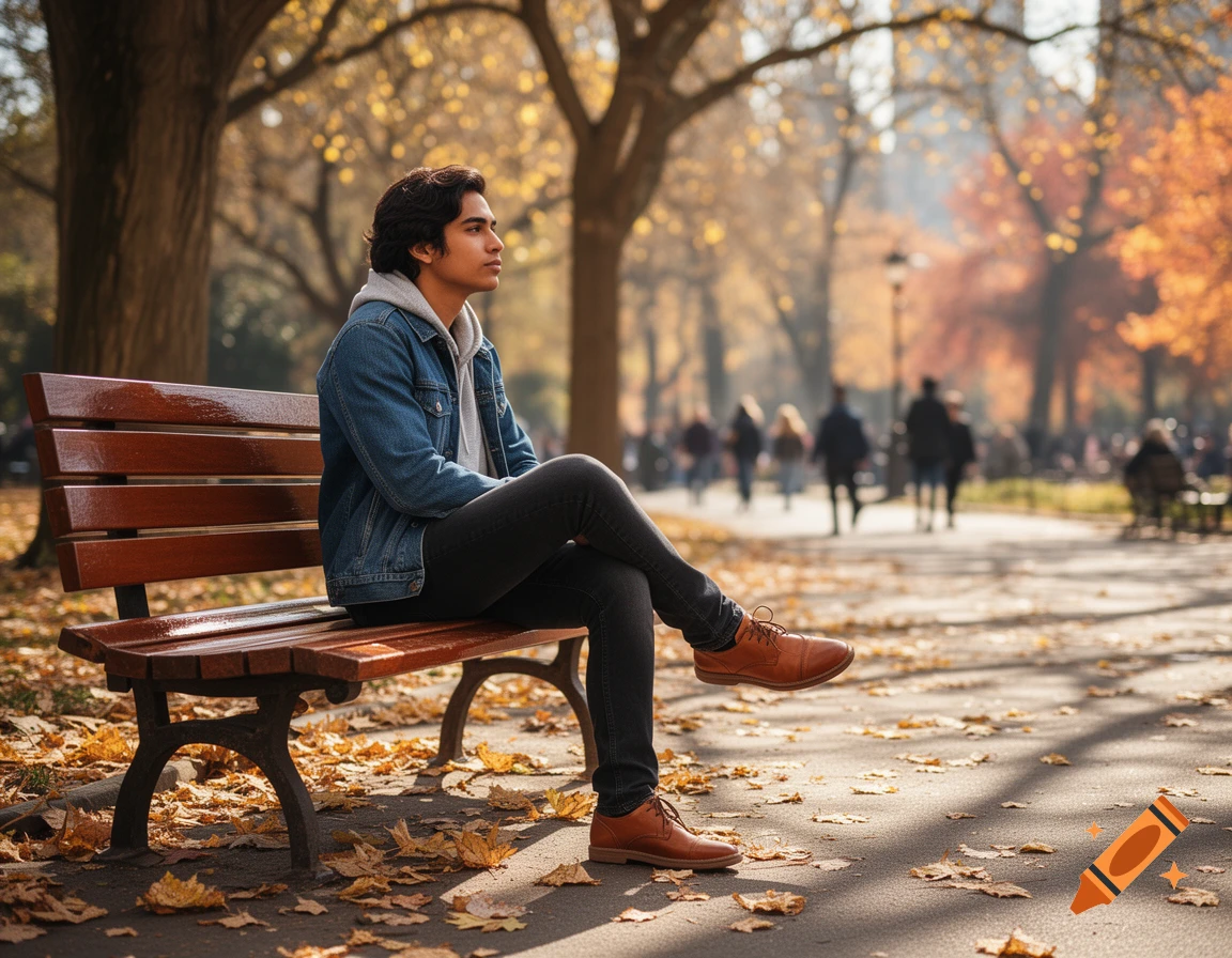 A young man wearing a denim jacket and hoodie sits on a park bench, looking thoughtfully to the right. Fallen autumn leaves cover the ground, with colorful trees in the background.