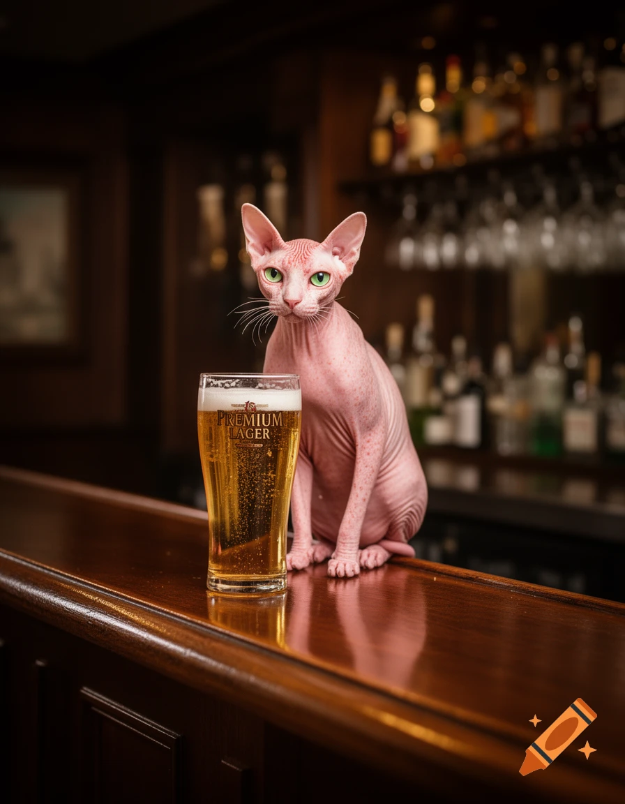 A pink Sphynx cat sits on a dark wooden bar next to a glass of golden lager, with a blurred bar interior in the background.