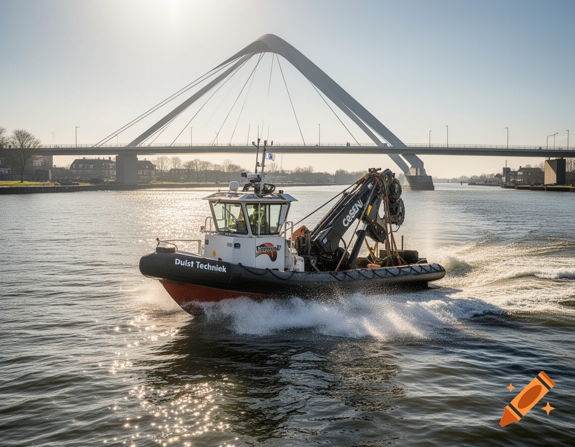 A high-speed workboat, labeled "Dulst Techniek" and carrying a "Cosen" crane, creating a wake on a sunlit river with a large arch bridge in the background.