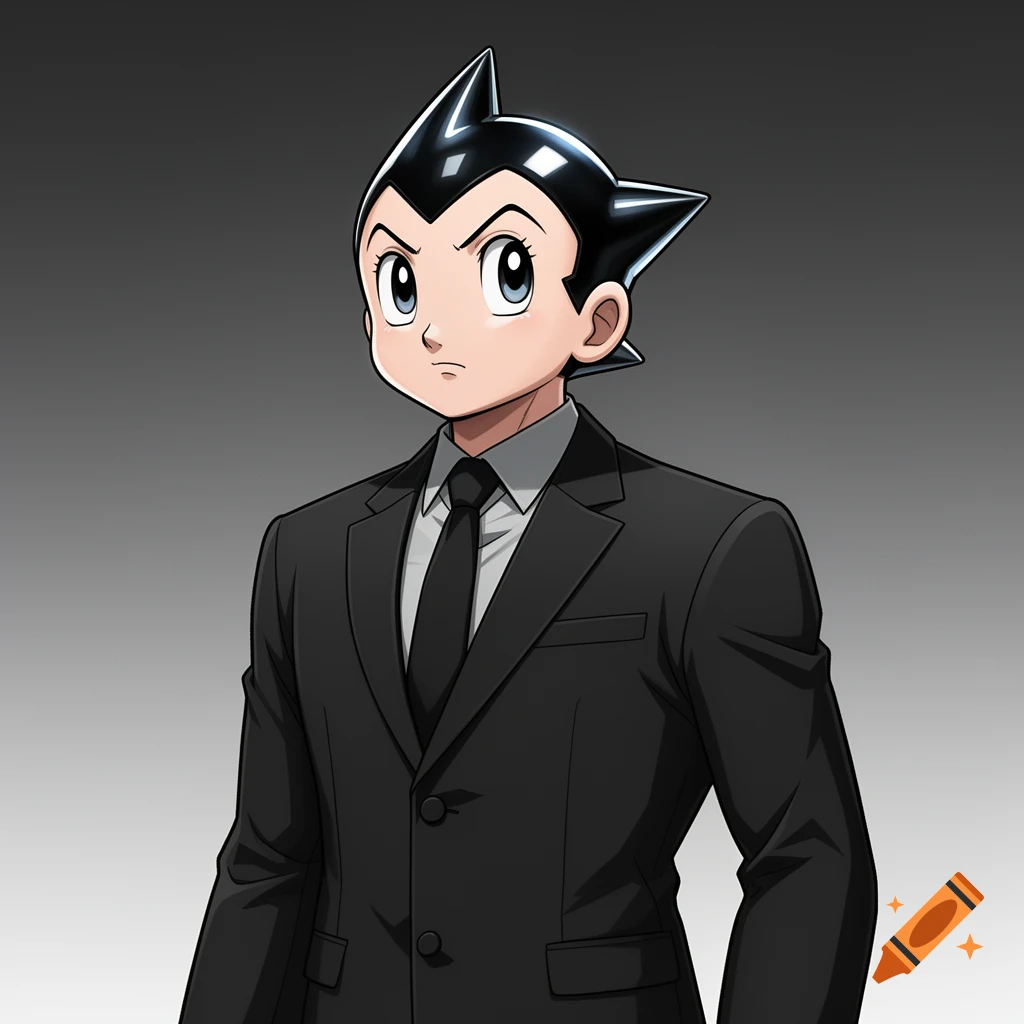 Astro Boy wearing a black suit with a white shirt and black tie, set against a gray background.