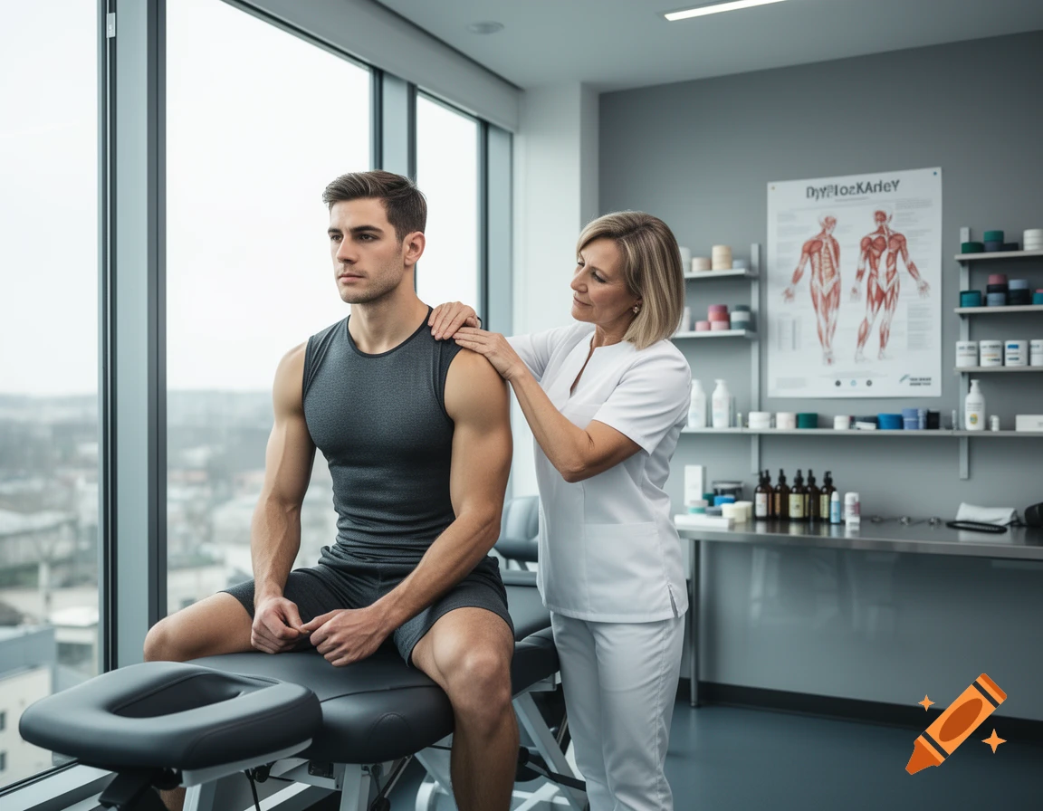 A male athlete sits on an examination table while a female osteopath examines his shoulder in a modern clinic.