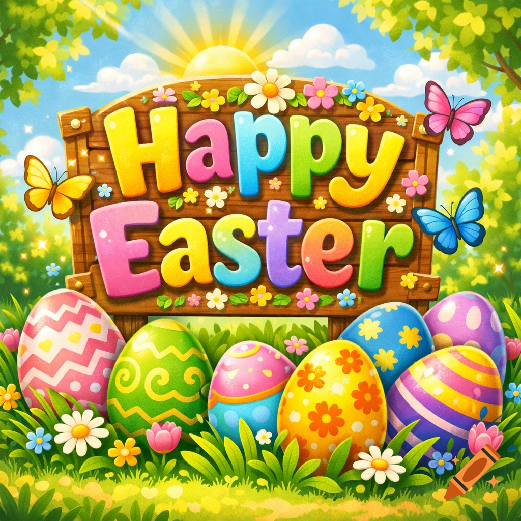 Vibrant cartoon illustration of a 'Happy Easter' sign, colorful decorated eggs, butterflies, and spring flowers in a sunny field.
