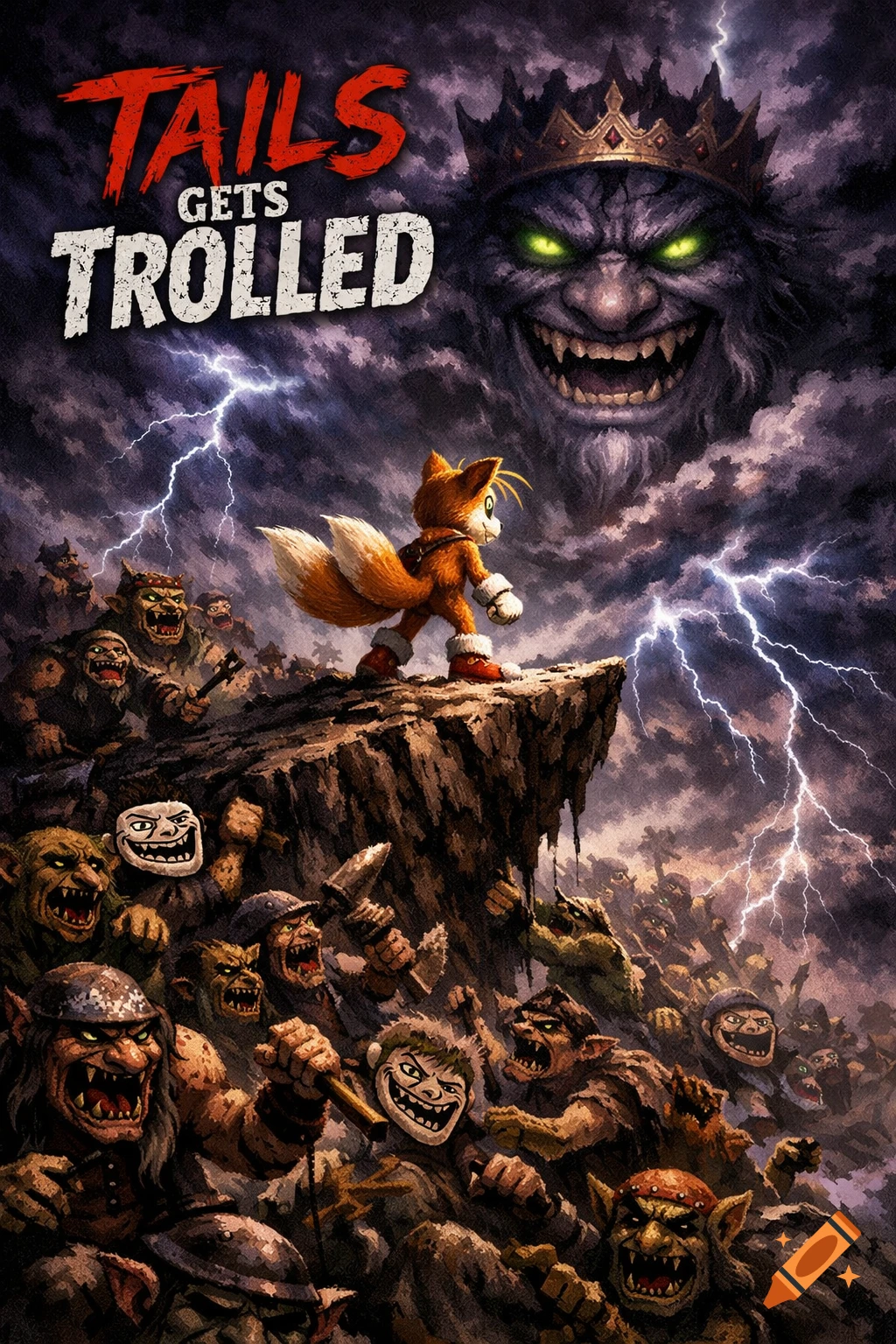 Tails the fox stands on a cliff facing an army of trolls below and a giant king troll face in a stormy sky, in a dark fantasy art style.