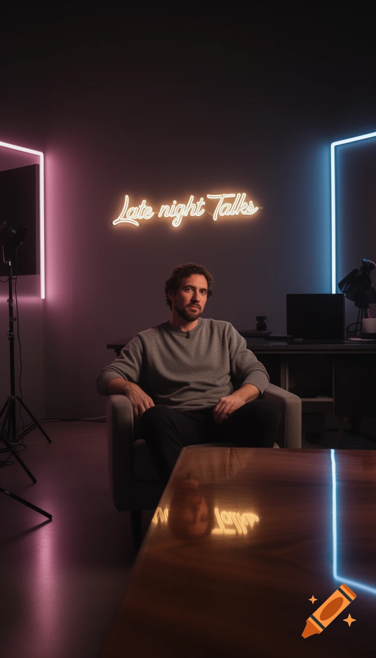 A man sits in a studio armchair under a 'Late night Talks' neon sign, with pink and blue neon lights illuminating the scene.