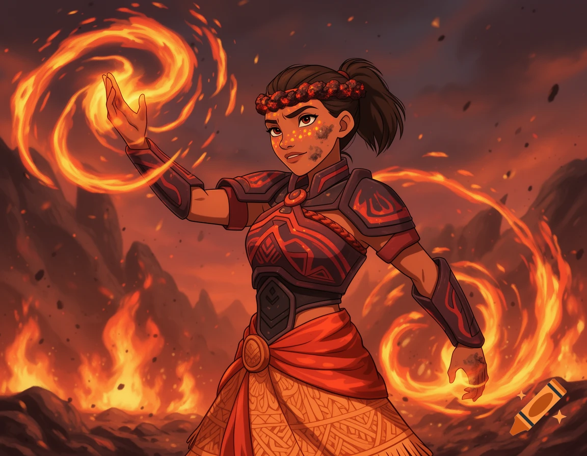 Animated warrior woman, inspired by Moana, wields fire magic in a volcanic landscape.