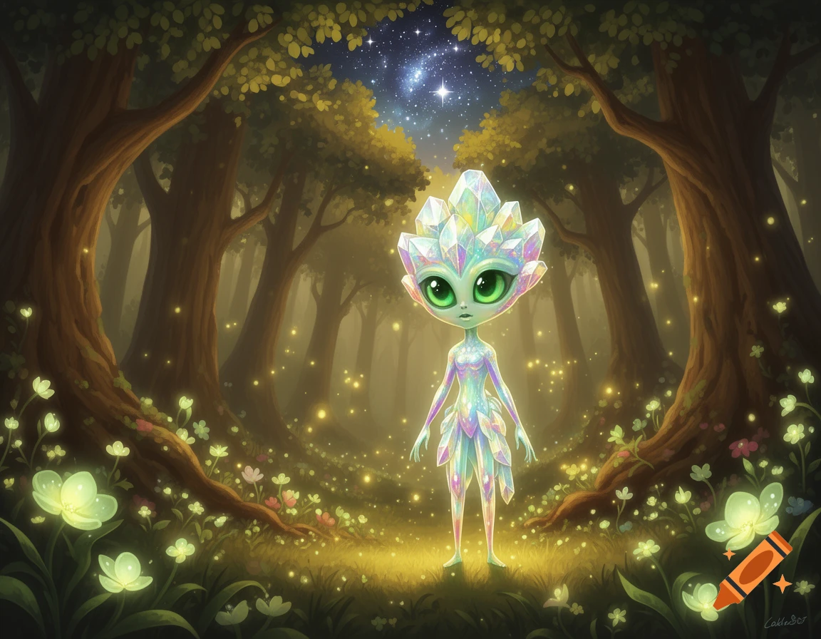 A cute crystal alien with big green eyes stands in an enchanted forest with glowing flowers under a starry night sky, digital art.