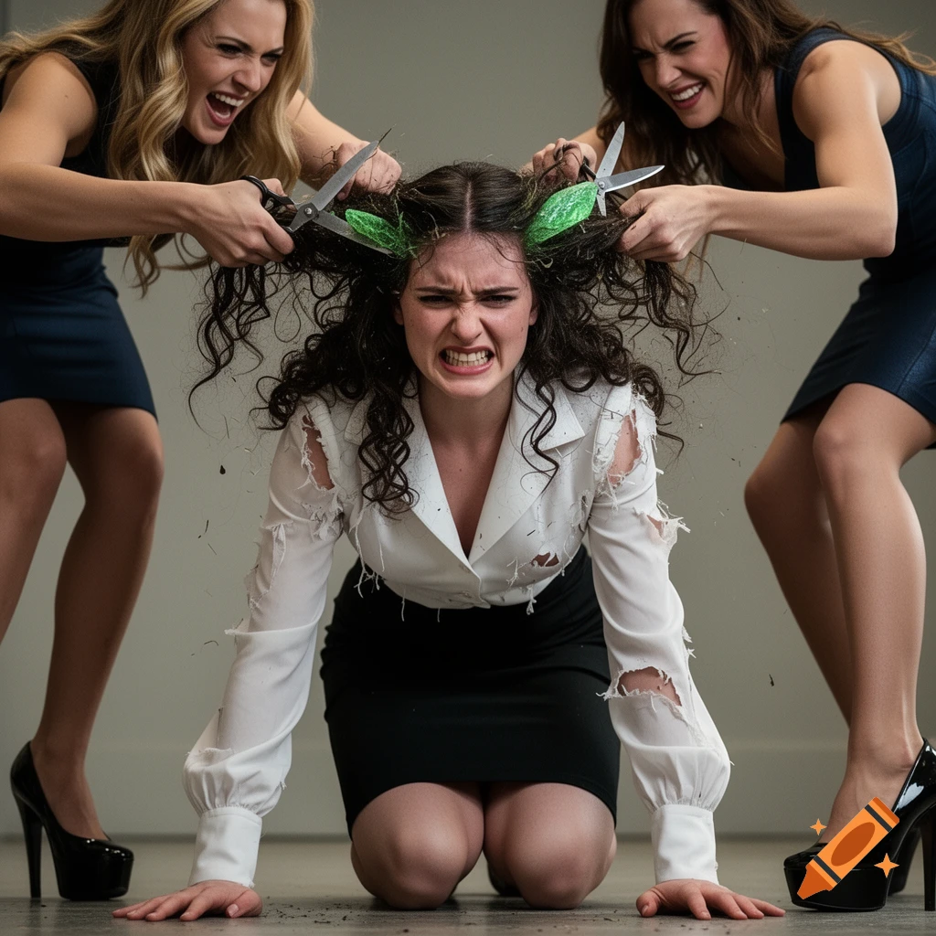 A woman kneels distressed on the floor in a torn white blouse as two other women aggressively cut her curly dark hair with shears, smiling.