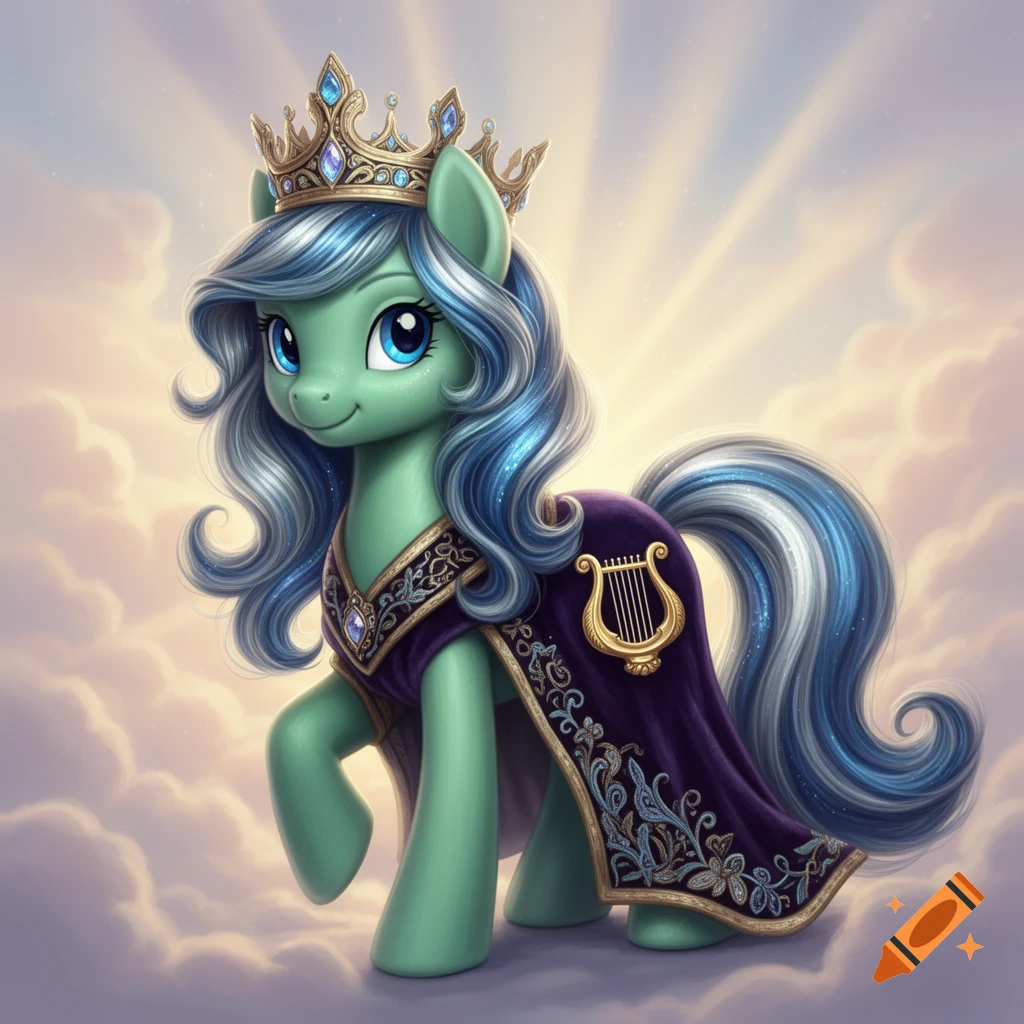 A green My Little Pony character with blue curly hair, a golden crown, and a purple, ornate cloak with a lyre emblem, against a cloudy, sunny sky.