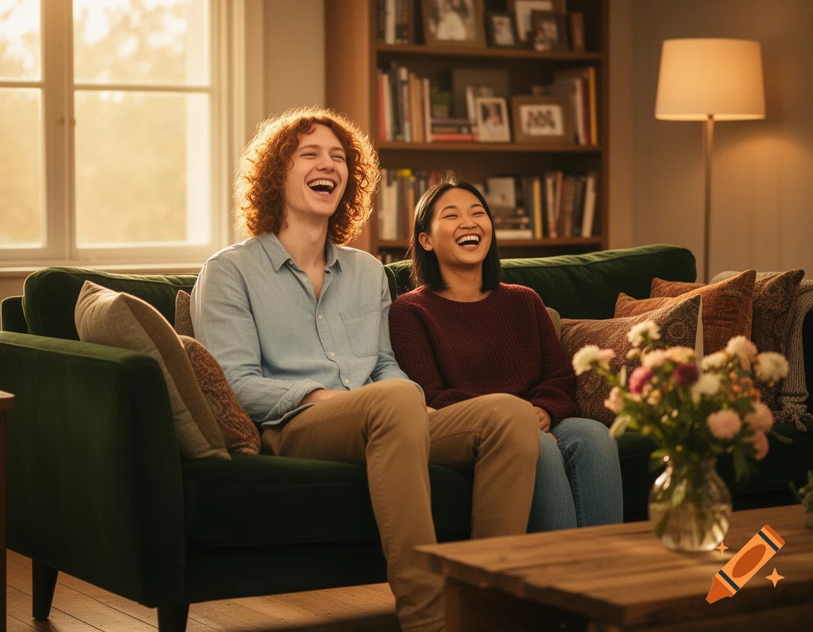 Two friends laugh joyfully while sitting on a green couch in a sunlit living room with a bookshelf and lamp in the background.