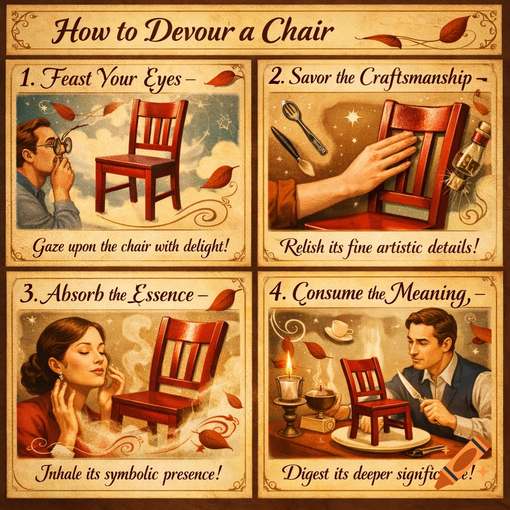 A four-panel vintage illustration, 'How to Devour a Chair', showing people metaphorically appreciating a red wooden chair.