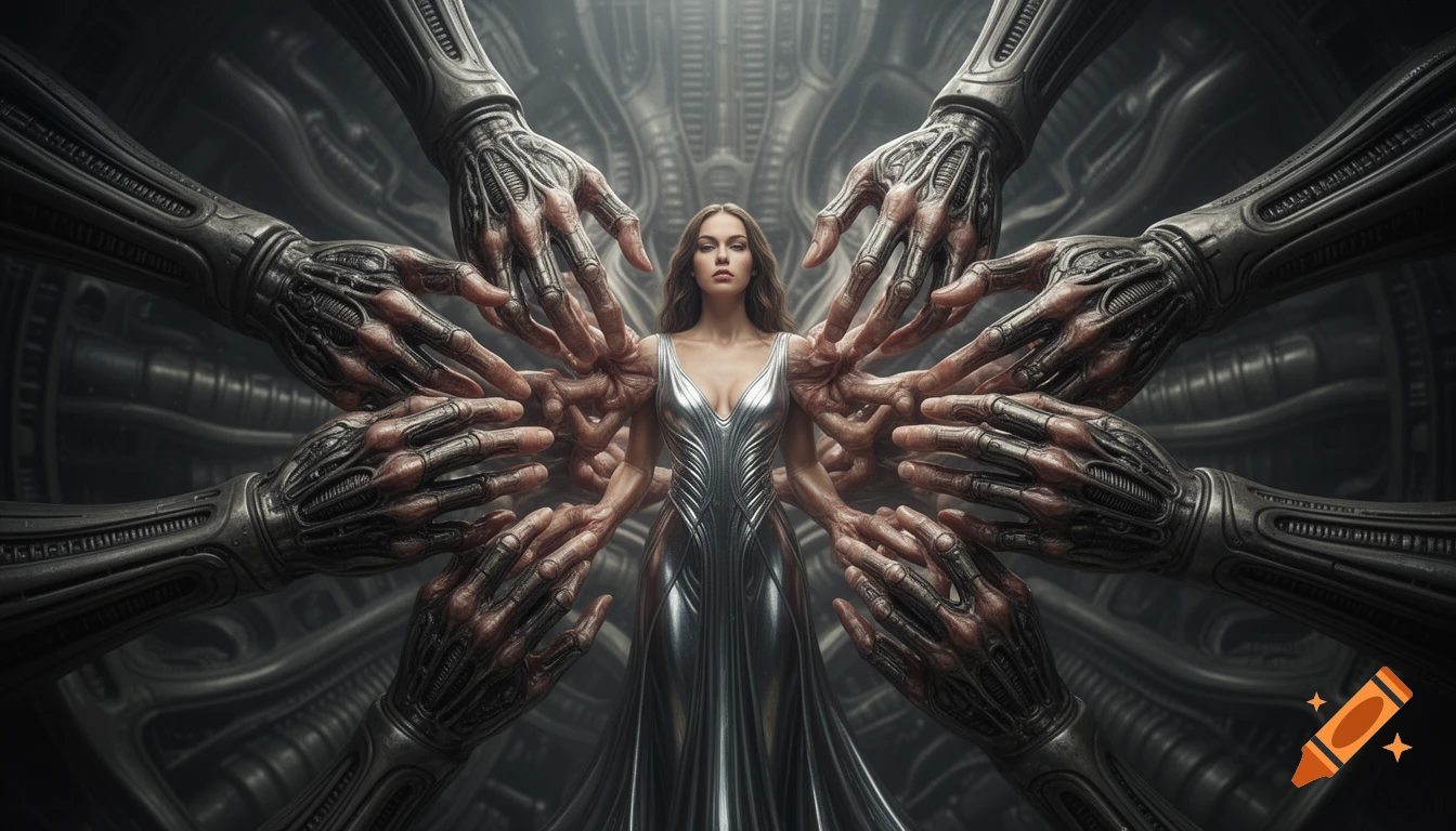 A woman in a silver dress surrounded by many biomechanical hands against a dark, H.R. Giger-inspired background.