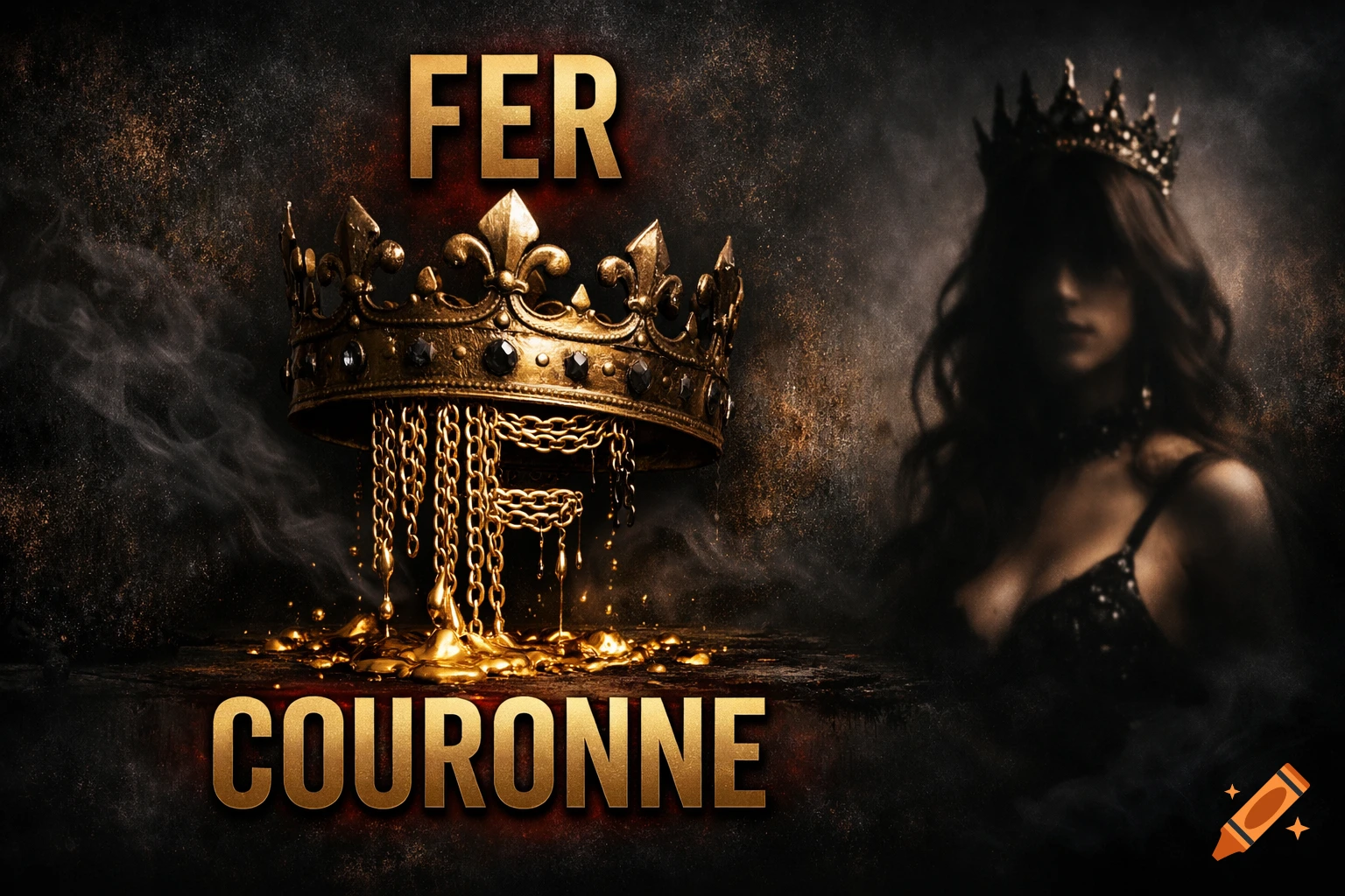 Dark, cinematic image of a golden crown dripping with molten gold and chains, with 'FER COURONNE' text and a blurred woman in a crown.