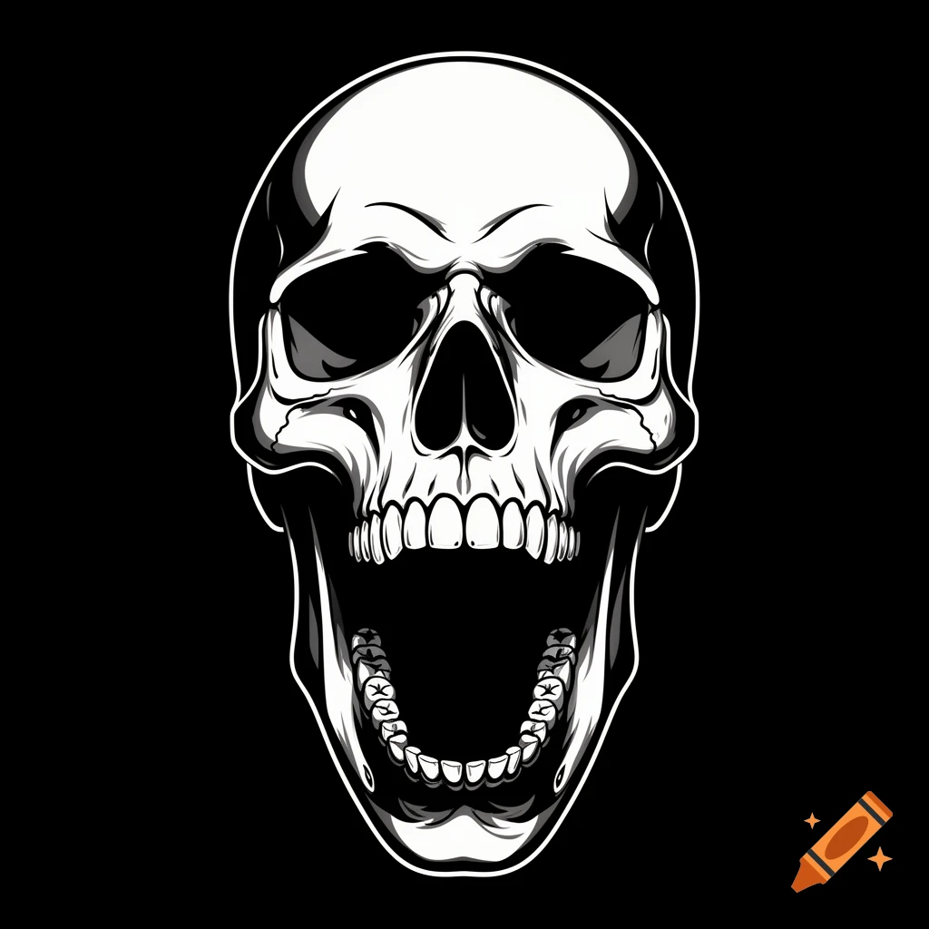 A black and white stylized skull with its mouth wide open, against a black background.