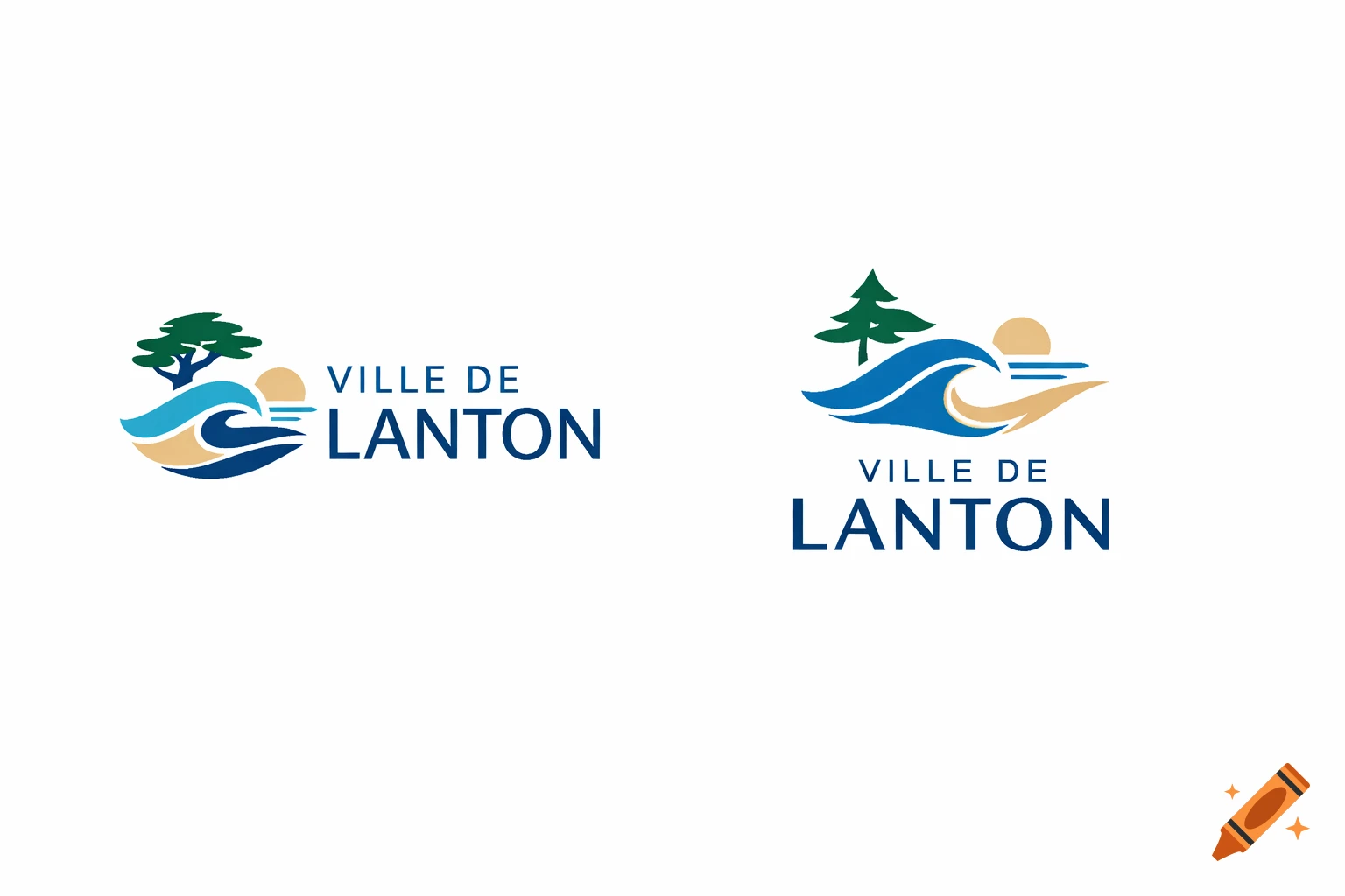 Two minimalist vector logos for 'VILLE DE LANTON' with stylized waves, sun, and trees in blue, green, and beige.