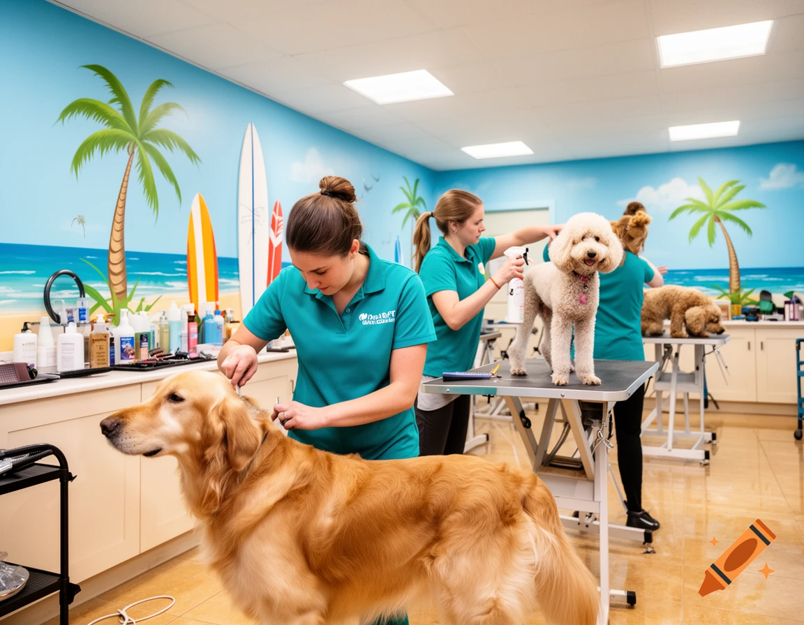 Three groomers in a beach-themed shop grooming a Golden Retriever and a Poodle on raised tables.