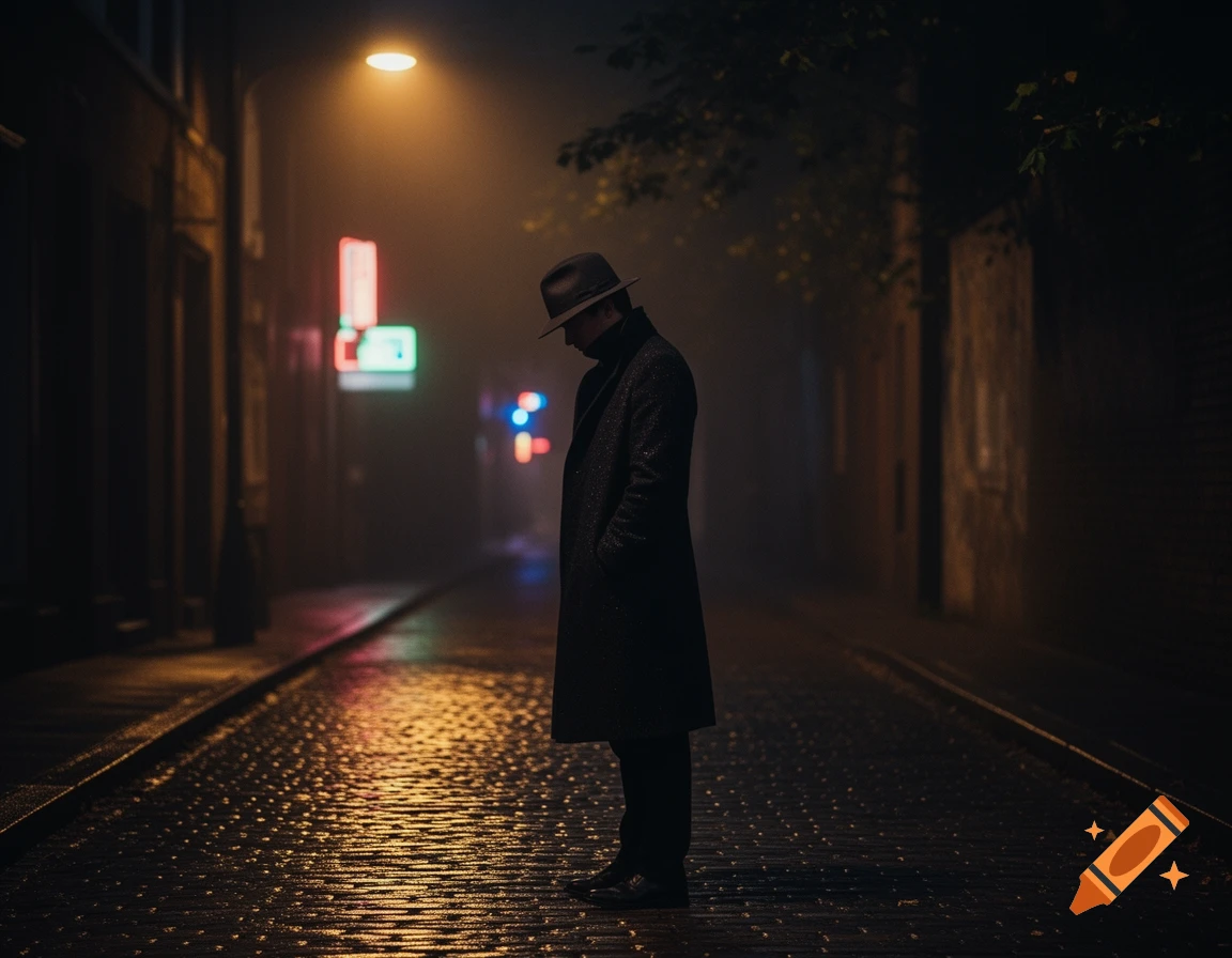 Photorealistic image of a lone man in a trench coat and fedora on a wet, dark city street at night, lit by streetlights and neon signs.