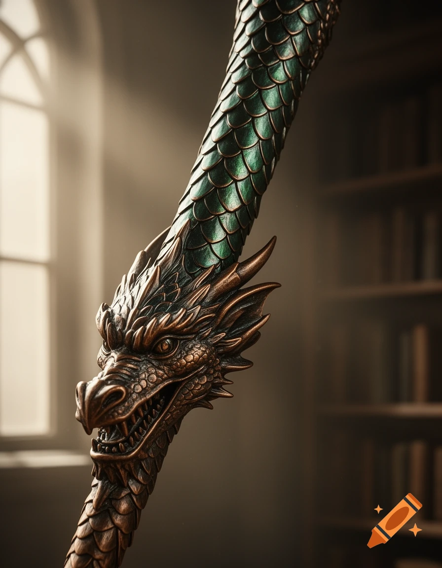 Close-up of a bronze dragon head with fierce details and green scales on a staff or wand, in a softly lit room with a blurred window and bookshelves.
